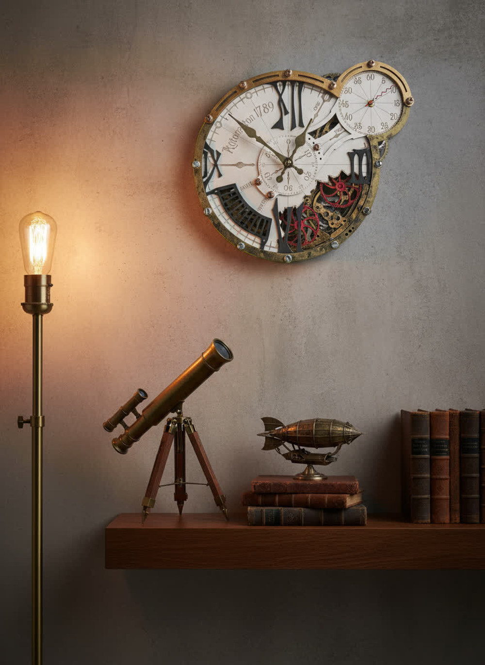 Интерьер в стиле лофт с настенными часами WOODandROOT Automaton 1789 Gloster, телескопом и лампой — атмосфера стимпанк-кабинета ручной работы