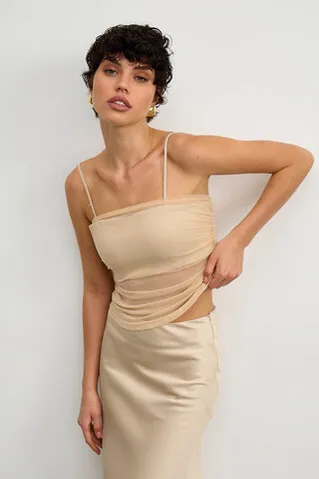 Топ из атласа с сеткой  цвета шампань