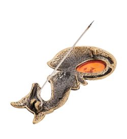 AM- 925 Брошь «Лис» (латунь, янтарь)