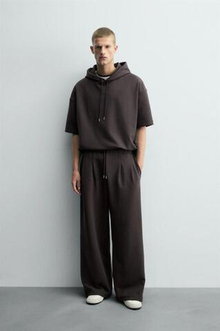 ZARA БРЮКИ ИНТЕРЛОК СО СКЛАДКАМИ И ЭТИКЕТКОЙ, ТЕМНО-КОРИЧНЕВЫЙ