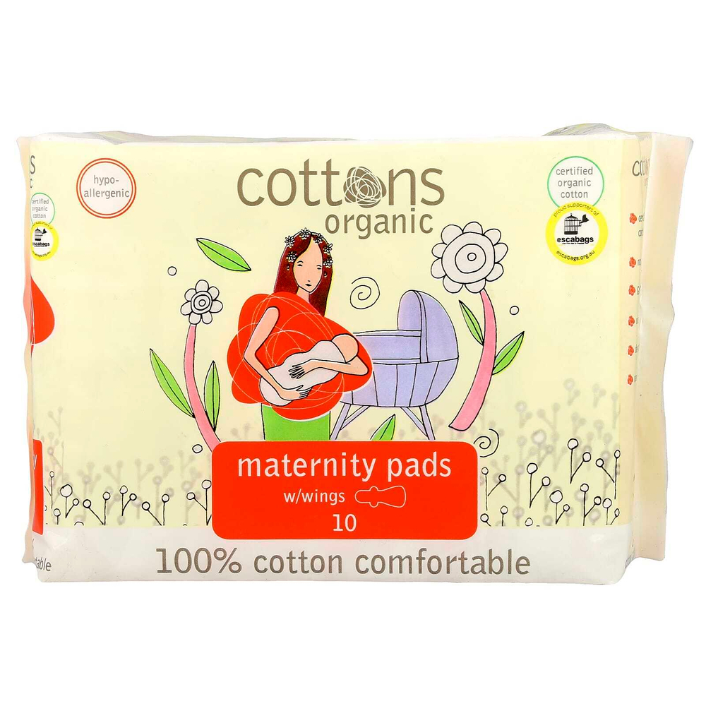 Cottons, Комфортные прокладки для беременных с крыльями, 100% хлопок, плотные, без запаха, 10 прокладок