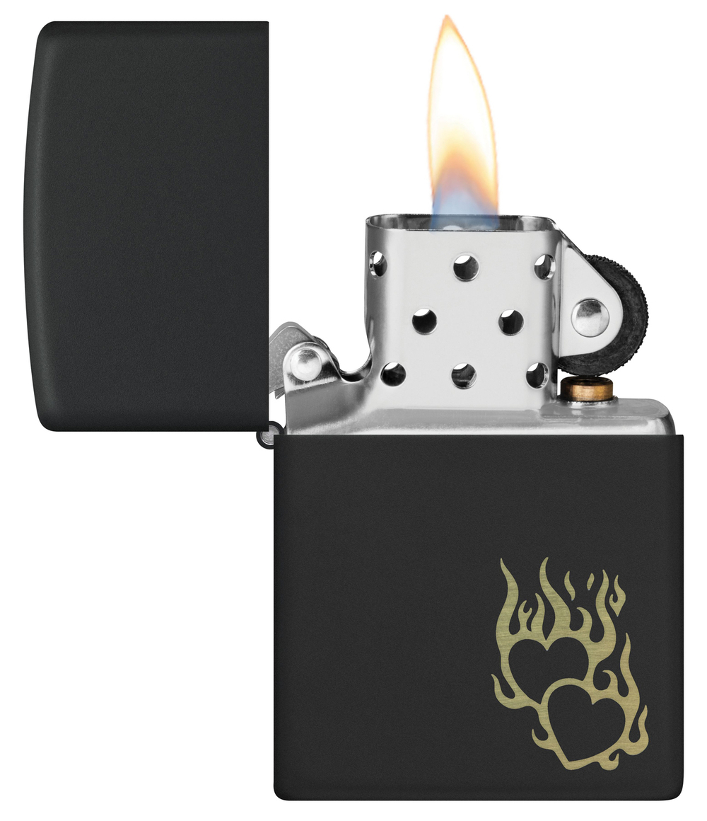 Зажигалка Zippo Fire Heart с покрытием Black Matte, латунь/сталь, черная, матовая, 38x13x57 мм