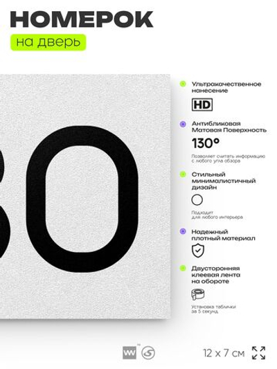 Номер на дверь 930, табличка на дверь для офиса, квартиры, кабинета, аудитории, склада, белая 120х70 мм, Айдентика Технолоджи