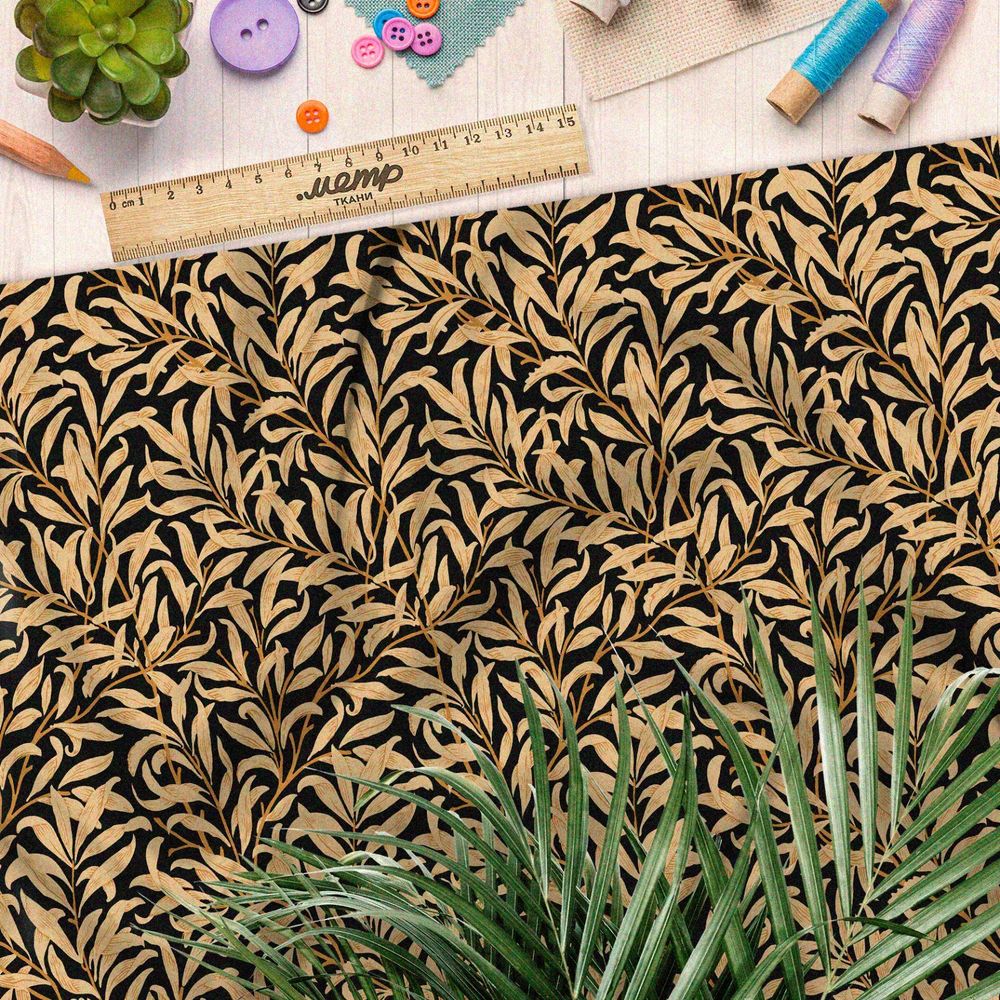 Ткань ниагара бронзовый папоротник на чёрном фоне