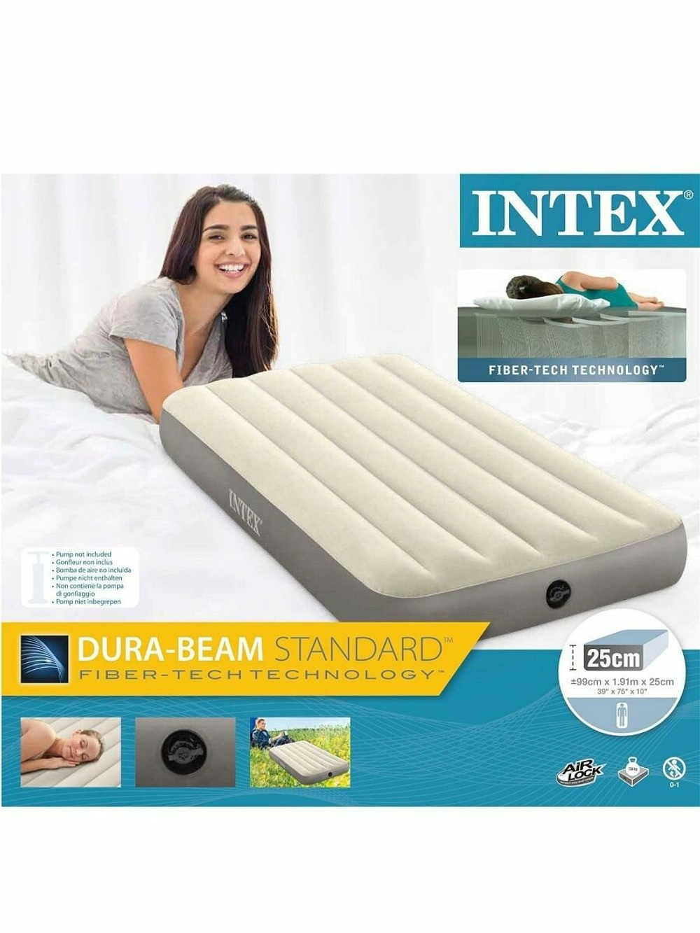 Мaтрас нaдувной Intex 64101 Deluxe Twin 99х191х25 см / Крoвать нaдувная Интeкс односпальная велюровая для дома и туризма