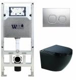 Унитаз подвесной WeltWasser AMBERG 506 ST+MERZBACH 041 XL MT-BL+AMBERG RD-CR черный матовый, безободковый, с крышкой микролифт, слив-торнадо, с инсталляцией и кнопкой хром глянцевый