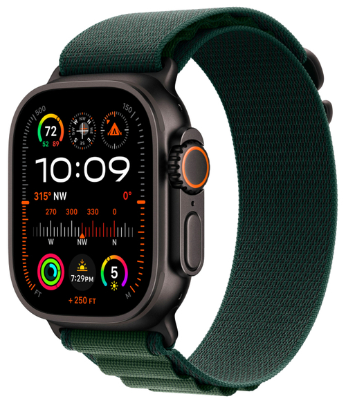 Apple Watch Ultra 2 GPS + Cellular(2024), 49 мм, корпус из черного титана, ремешок Alpine зеленого цвета, размер M