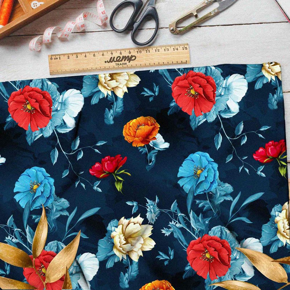 Ткань атлас цветочное великолепие на синем