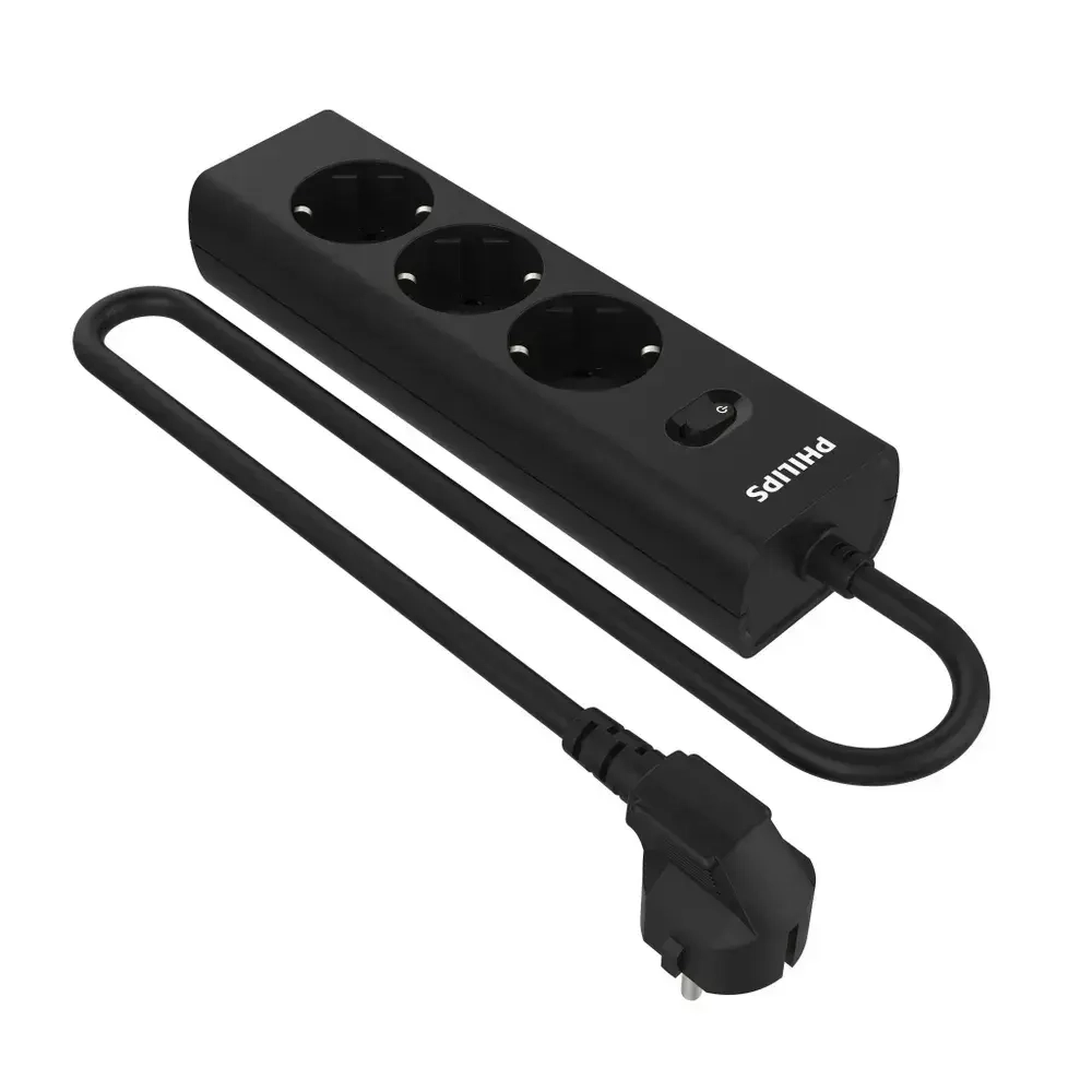 Сетевой фильтр удлинитель Philips CHP2135BA/51 с тремя стандартными розетками EU, с заземлением и защитой от перегрузок, 2 м, черный