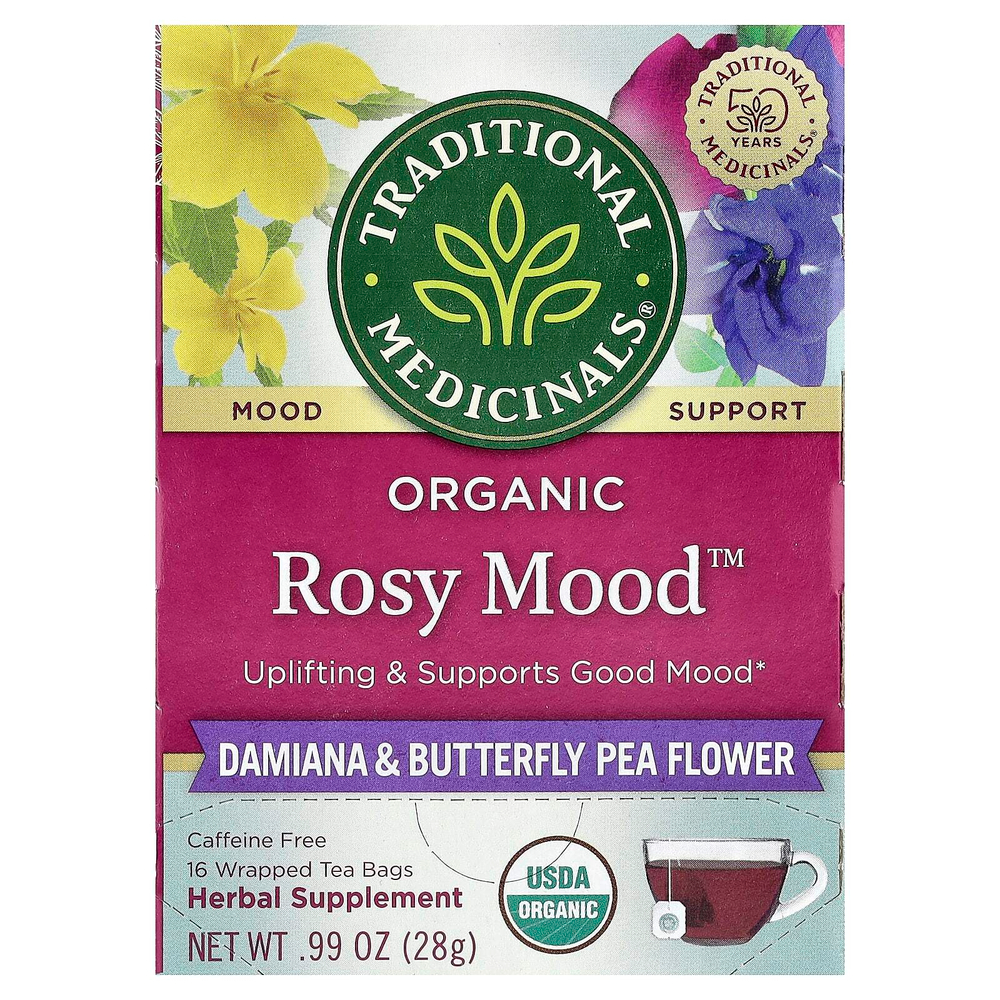 Traditional Medicinals, Organic Rosy Mood ™, дамиана и цветы гороха-бабочки, без кофеина, 16 чайных пакетиков в упаковке, 28 г (0,99 унции)