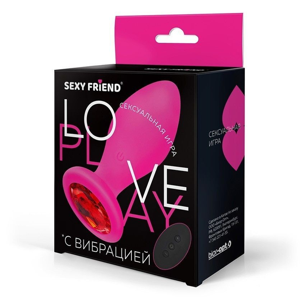 Розовая вибровтулка с красным кристаллом и пультом ДУ - 9 см. (Цвет: красный)