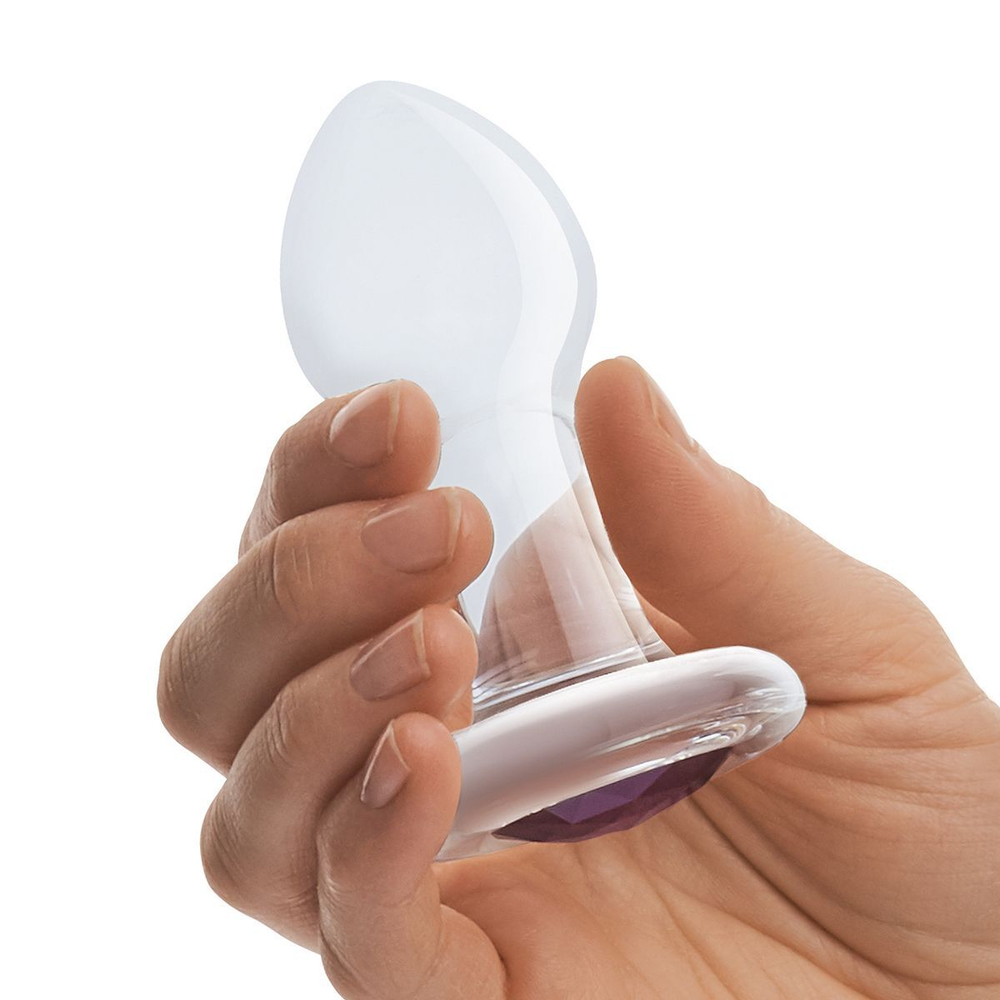 Стеклянная анальная пробка с фиолетовым стразом - 9 см. (Цвет: прозрачный)