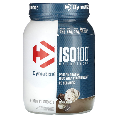 Dymatize, ISO100®, гидролизованный, 100% изолят сывороточного протеина, печенье и сливки, 620 г (1,36 фунта)