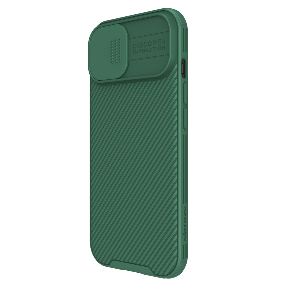 Чехол зеленого цвета (Deep Green) от Nillkin c поддержкой MagSafe для iPhone 15, с защитной шторкой камеры, серия CamShield Pro Magnetic