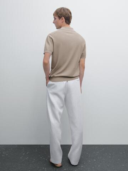 Massimo Dutti Вязаная футболка-поло с V-образным вырезом, бежевый