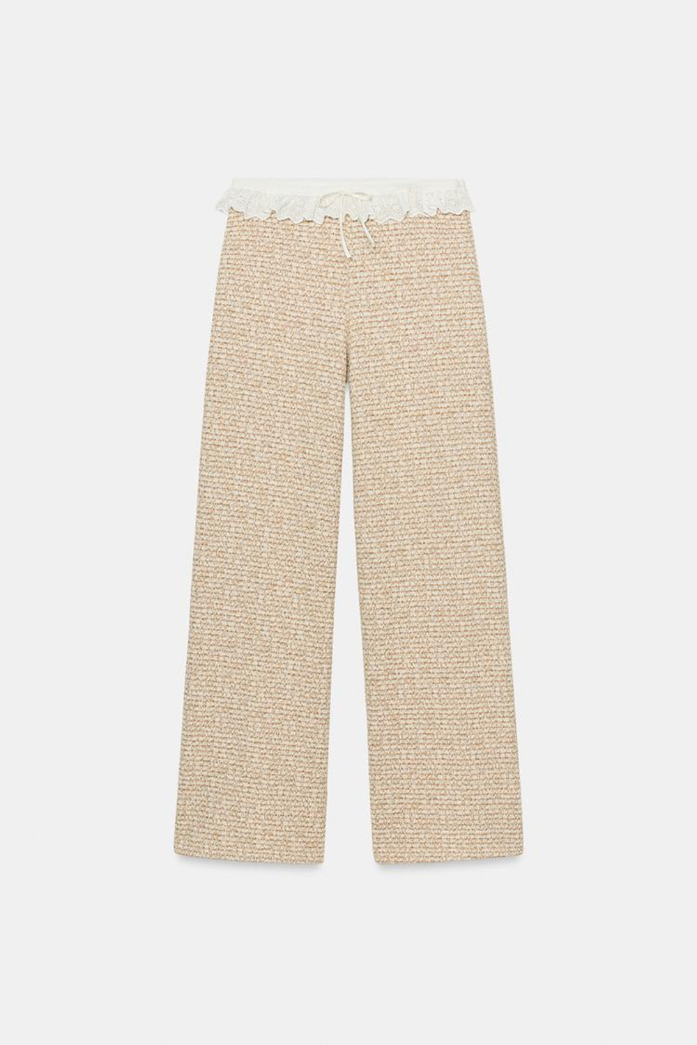 ZARA БРЮКИ ИЗ РЕЛЬЕФНОЙ ТКАНИ С ВОЛАНАМИ, ЭКРЮ/КОРИЧНЕВЫЙ