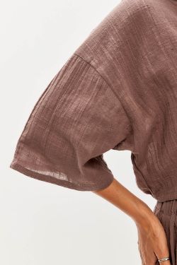 Блуза с завязками из хлопка stone wash шоколадного цвета