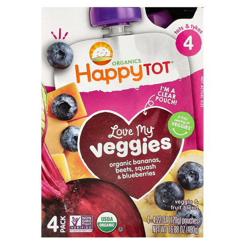 Happy Family Organics, Happy Tot®, Love My Veggies, этап 4, органические бананы, свекла, тыква и голубика, 4 пакетика по 120 г (4,22 унции)