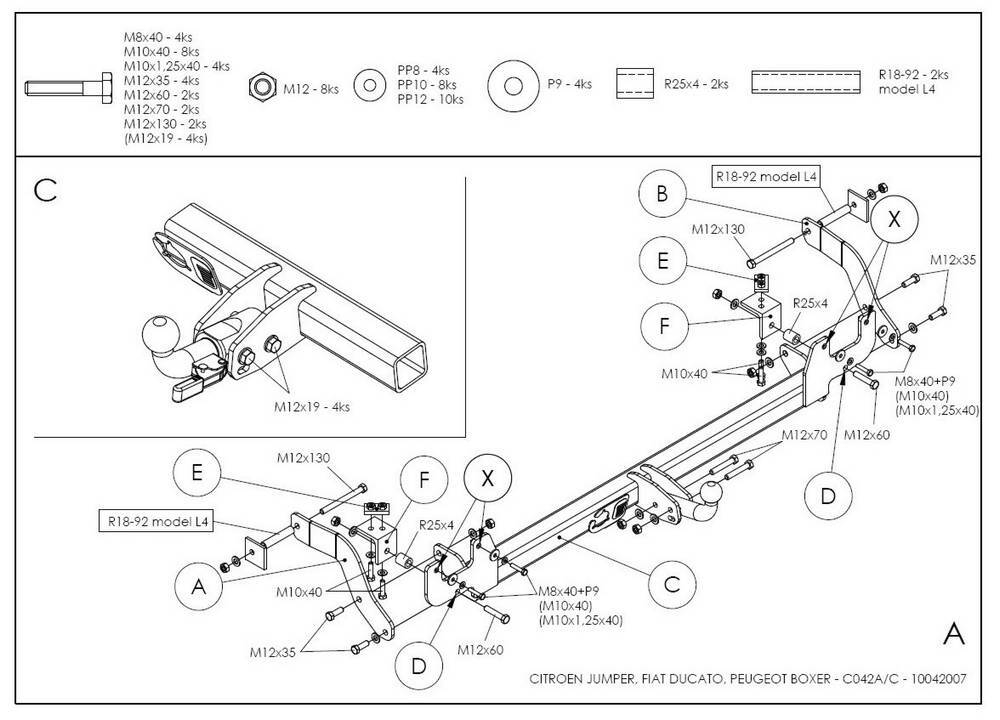 Фаркоп оцинкованный Galia C042C для Citroen Jumper 2006-, FIAT Ducato 2006-, Peugeot Boxer 2006- L1, L2, L3, L4(паспорт и сертификат в комплекте)(без электрики)