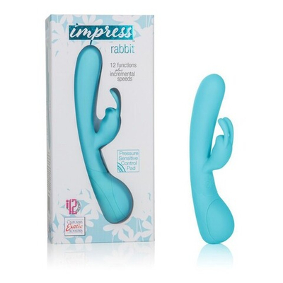 Силиконовый вибратор со стимуляцией клитора и панелью давления Impress Rabbit (12 режимов) (Цвет: голубой)