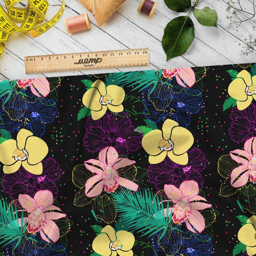 Ткань бифлекс нежно жёлтые и розовые орхидеи