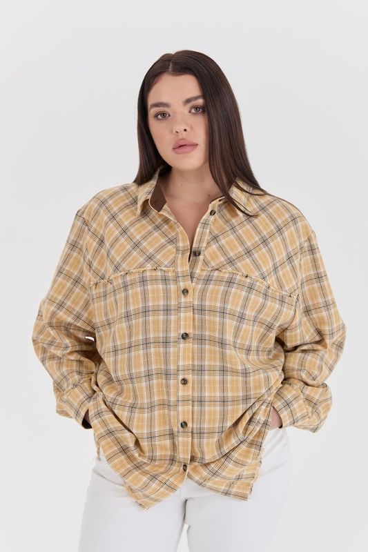 Рубашка с необработанным краем в клетку, желтый