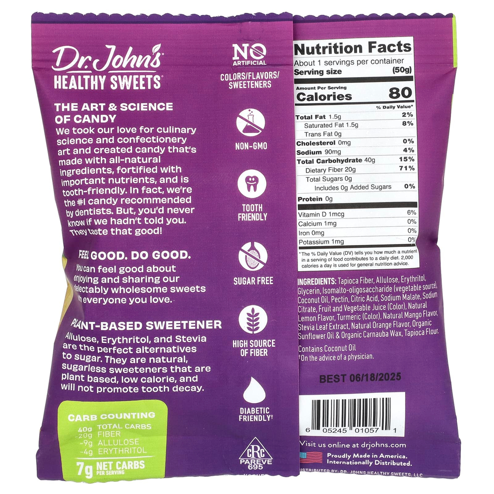 Dr. John's Healthy Sweets, Жевательные квадратики, без сахара, лимон, манго и апельсин, 50 г (1,8 унции)