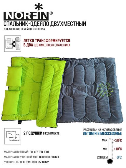 Мешок-одеяло спальный Norfin ALPINE COMFORT DOUBLE 250 GREEN