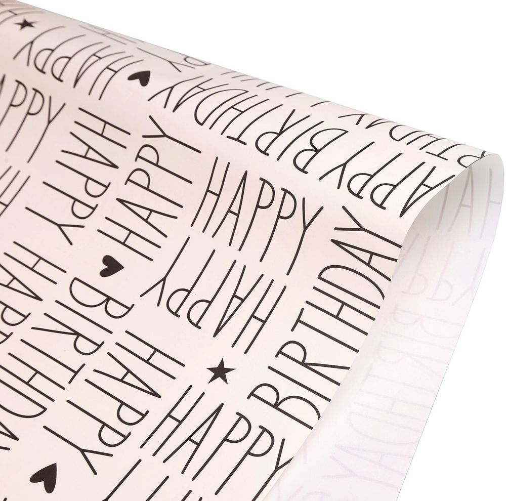 Упаковочная бумага, Крафт (0,7*1 м) Happy Birthday (сердечки), Черный, 1 шт.