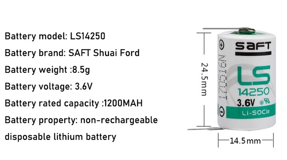 Батарейка литий +2 контакта Saft-LS14250 1/2AA 1.2Ah 3.6v
