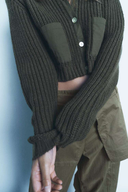 ZARA КАРДИГАН С КОНТРАСТНЫМИ КАРМАНАМИ, ТЕМНЫЙ ХАКИ