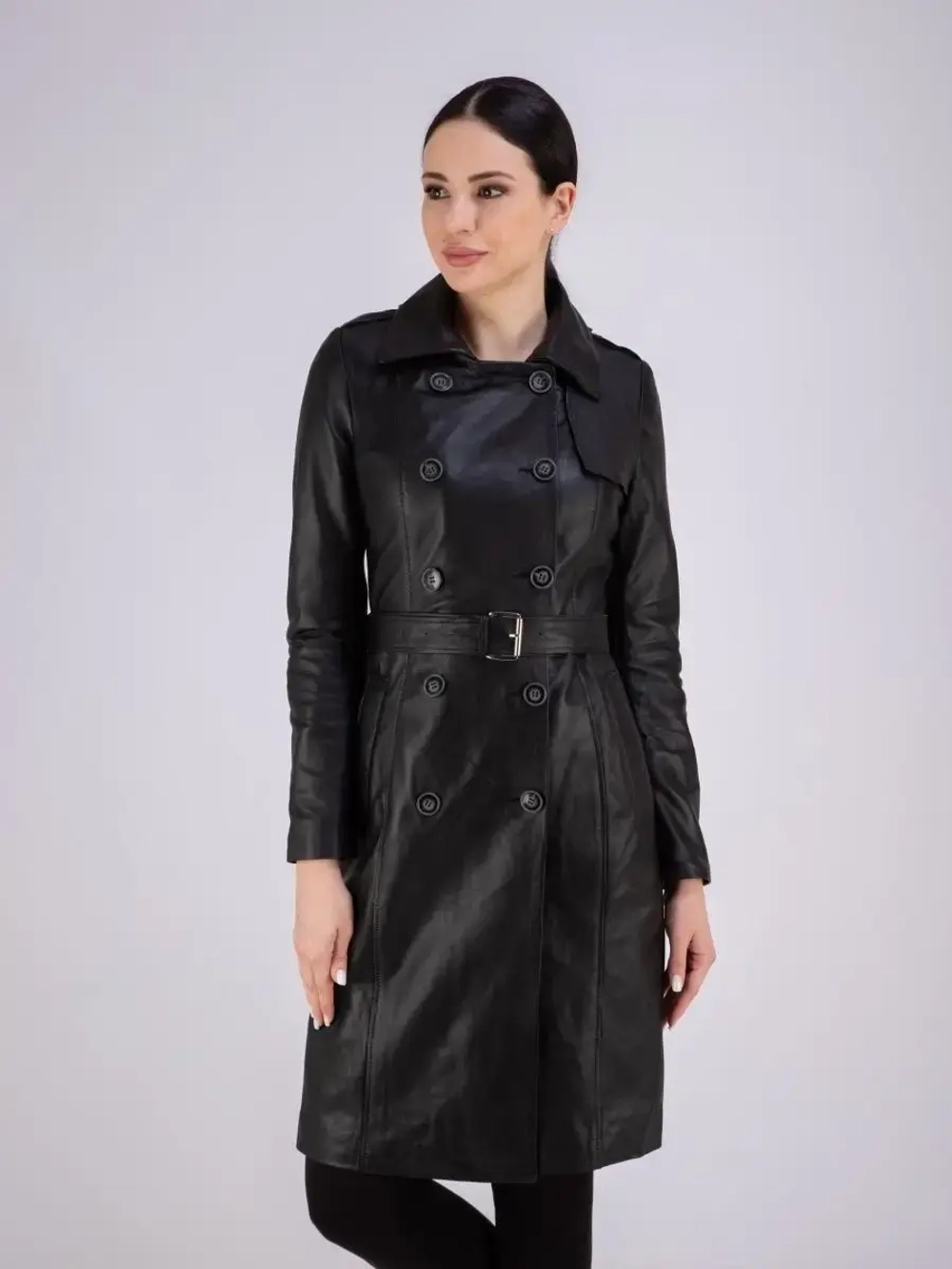 Тренч длинный кожаный с поясом плащ на весну
