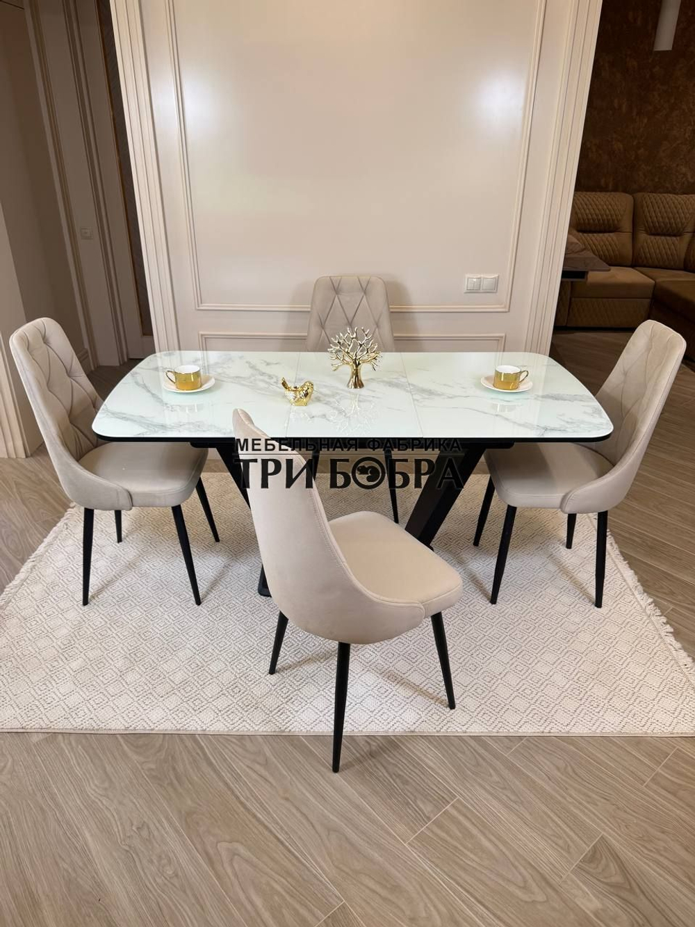 Кухонный раскладной стол "Прадо" белый мрамор и 4 стула ЛОНДОН