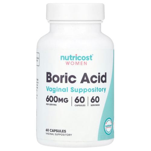 Nutricost, борная кислота, вагинальные свечи, 600 мг, 60 капсул