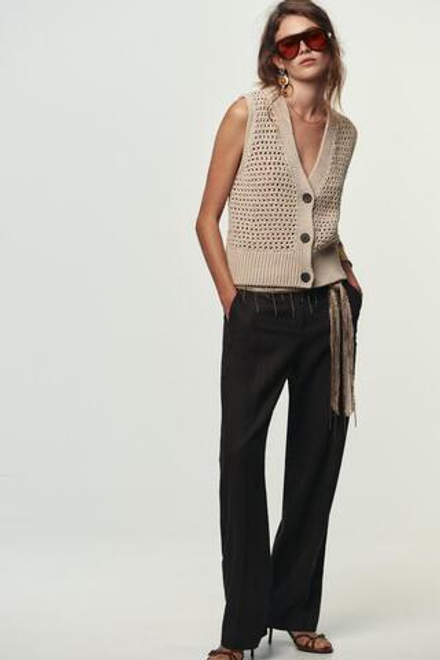 ZARA ТРИКОТАЖНЫЙ ЖИЛЕТ С ОТКРЫТОЙ ВЯЗКОЙ, ПЕСОЧНЫЙ
