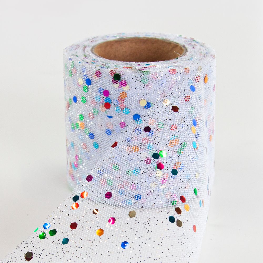 Лента (5,5 см*13,72 м) Фатин с блестками и пайетками, Белый, 1 шт.