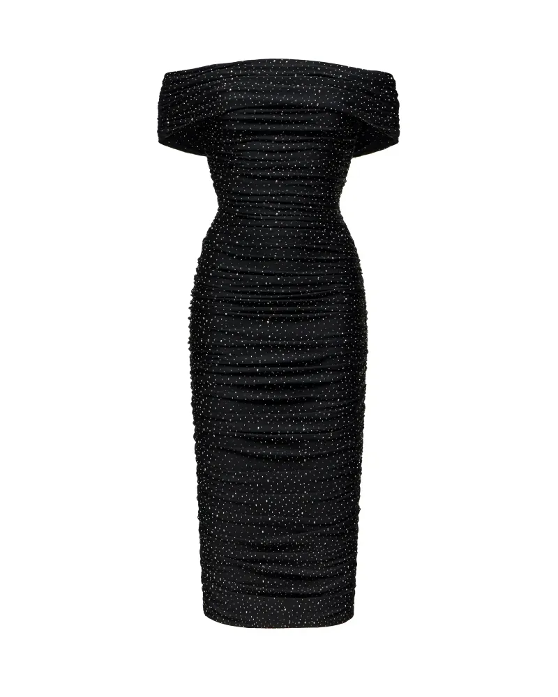 Iren midi, платье миди из черного бифлекса со стразами драпированное
