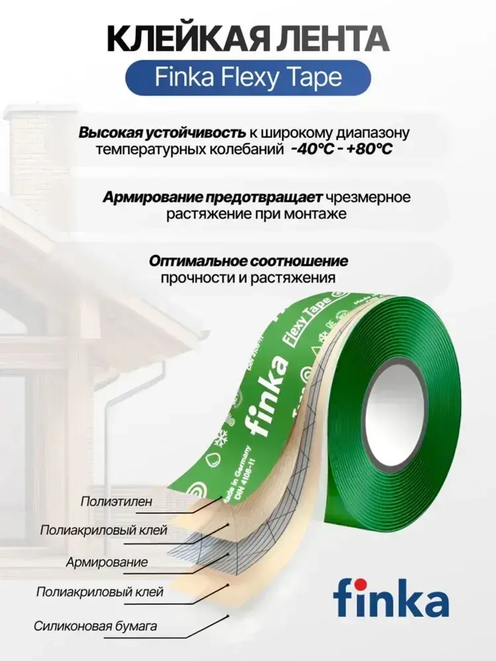 Клейкая лента Finka Flexy Tape 50мм*25м для склейки мембраны и пароизоляции, армированный монтажный скотч, водонепроницаемая, герметизирующая лента