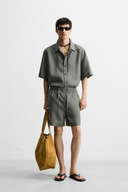 ZARA ШОРТЫ ИЗ 100% ЛЬНА, ЗЕЛЕНОВАТО-СИНИЙ