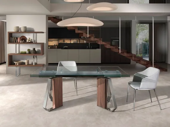 Раздвижной обеденный стол 1159 из стекла, ореха и хромированной стали