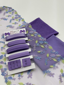 Вышивка на сетке яркая лаванда с голубым и салатовым эластичная ширина 22 см ОТРЕЗЫ