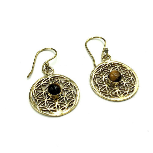 Серьги Flower of Life тигровый глаз из латуни