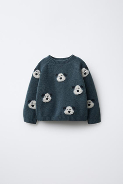 ZARA ВЯЗАНЫЙ ДЖЕМПЕР С ВЫШИТЫМИ СОБАЧКАМИ, ГЛУБОКИЙ СИНИЙ