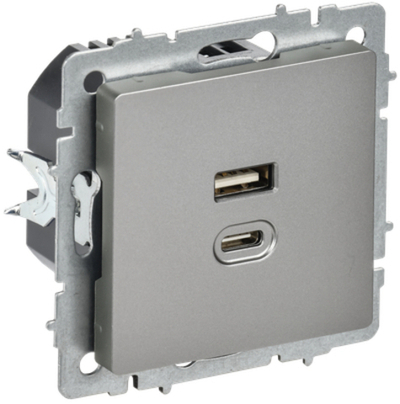 BRITE Розетка USB A+C 45Вт высокоскоростная зарядка РЮ11-2-БрС сталь IEK