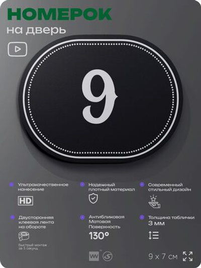 Номерок на дверь квартиры 9, для кабинета, офиса, шильдик 9 х 7 см, черный, Айдентика Технолоджи