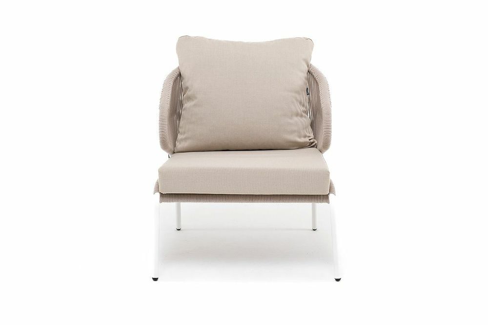 "Милан" кресло плетеное из роупа, каркас алюминий белый муар, роуп бежевый круглый, ткань бежевая 035