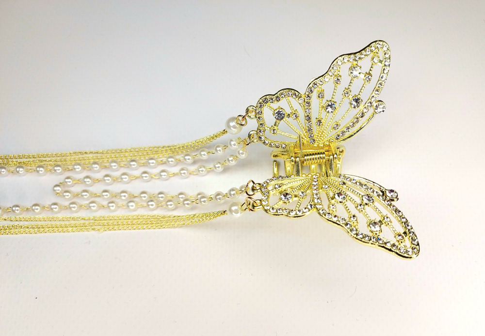 Блестящий краб-бабочка для волос с кисточками со стразами и жемчугом (имитация) . Золото