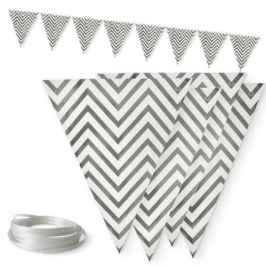 Гирлянда Флажки, Белые зигзаги, Серебро, Металлик, 200 см, 16*20 см*8 шт