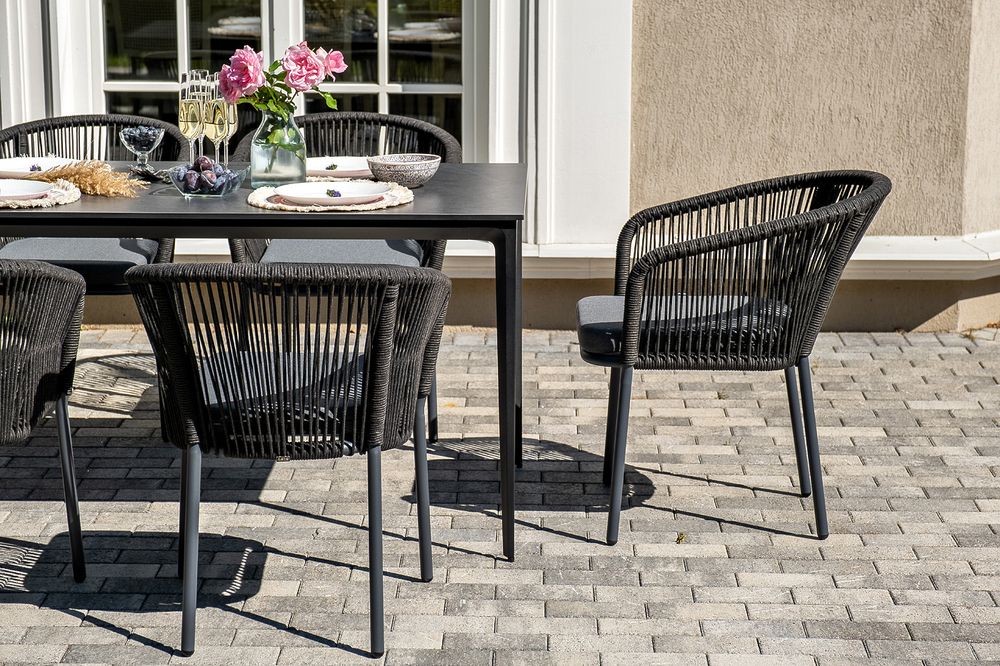 "Малага" обеденная группа на 6 персон со стульями "Марсель", каркас темно-серый, роуп темно-серый