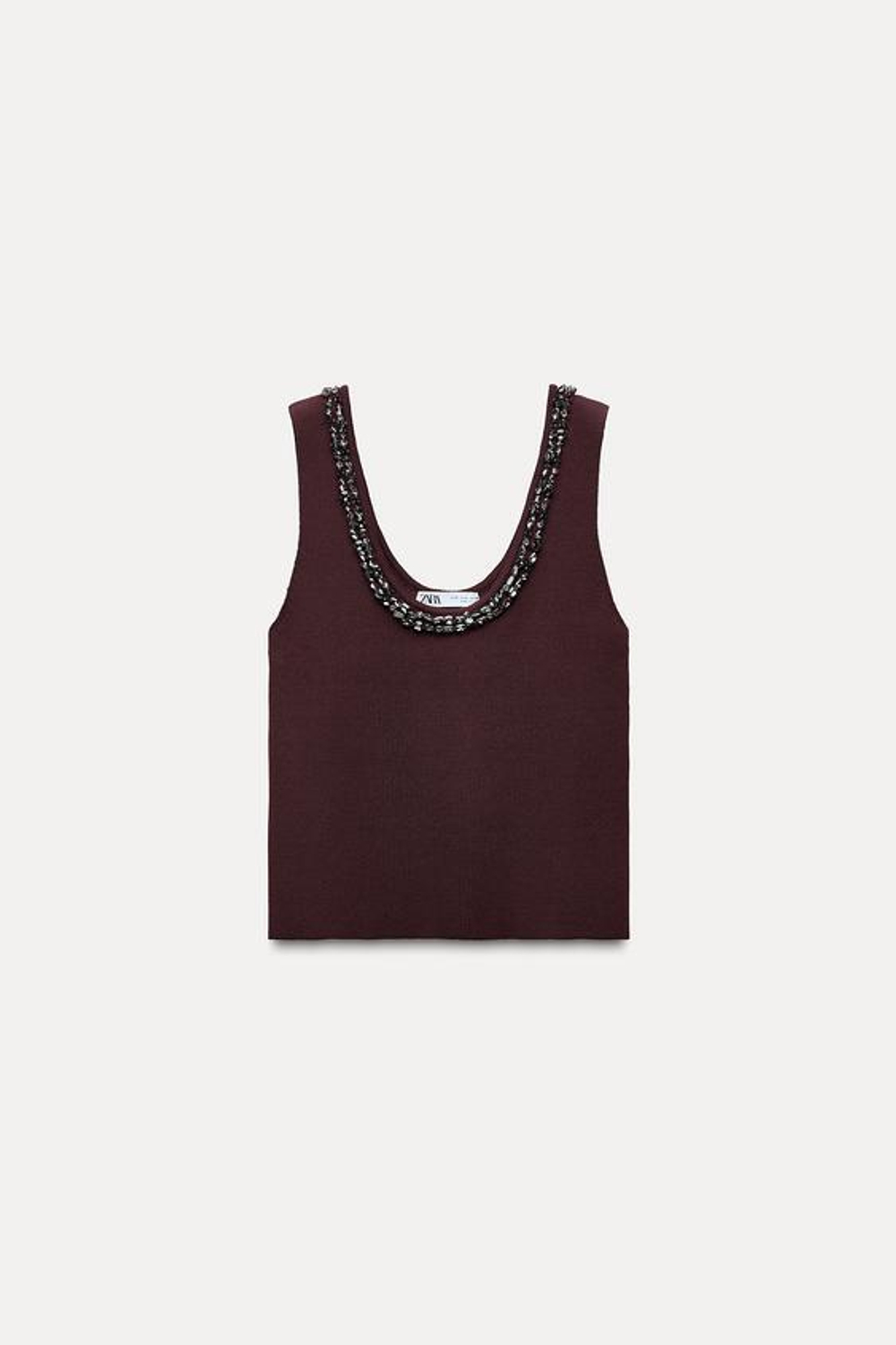 ZARA ОДНОТОННЫЙ ТРИКОТАЖНЫЙ ТОП СО СТРАЗАМИ, ЦВЕТ БУРГУНДСКОГО ВИНА